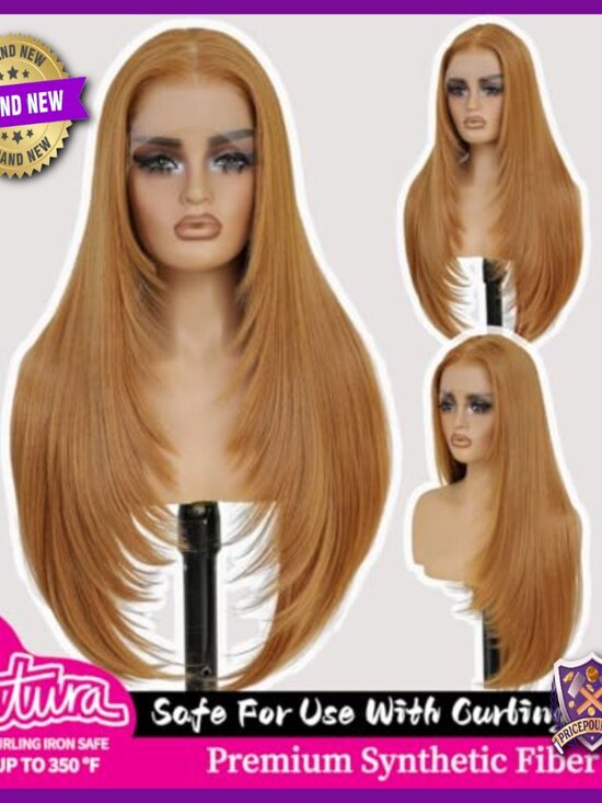 13x4 Synthetic Lace Front Wig 26 Inch Long Layered Straight With Bangs main image 5